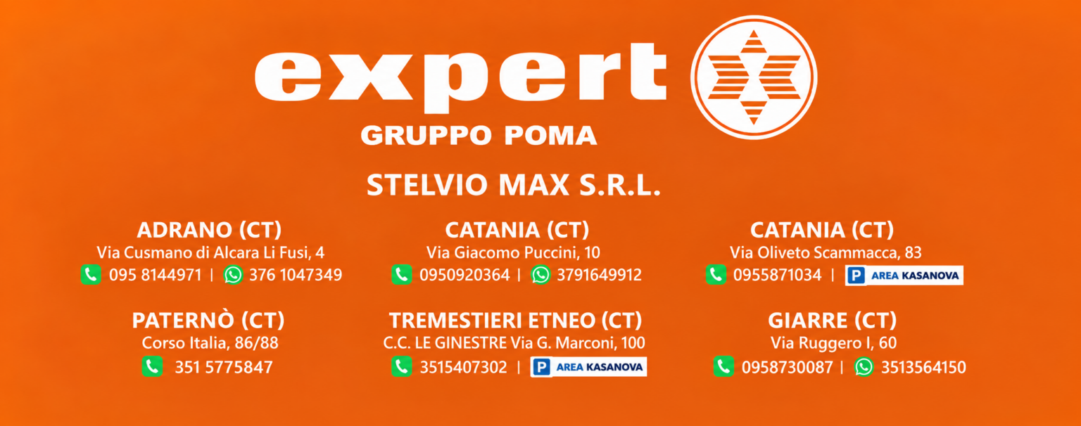 Expert Gruppo Poma, Stelvio Max srl: negozi ad Adrano, Catania Via Puccini e Via Oliveto Scammacca, Paternò, Tremestieri Etneo e Giarre con telefoni e WhatsApp